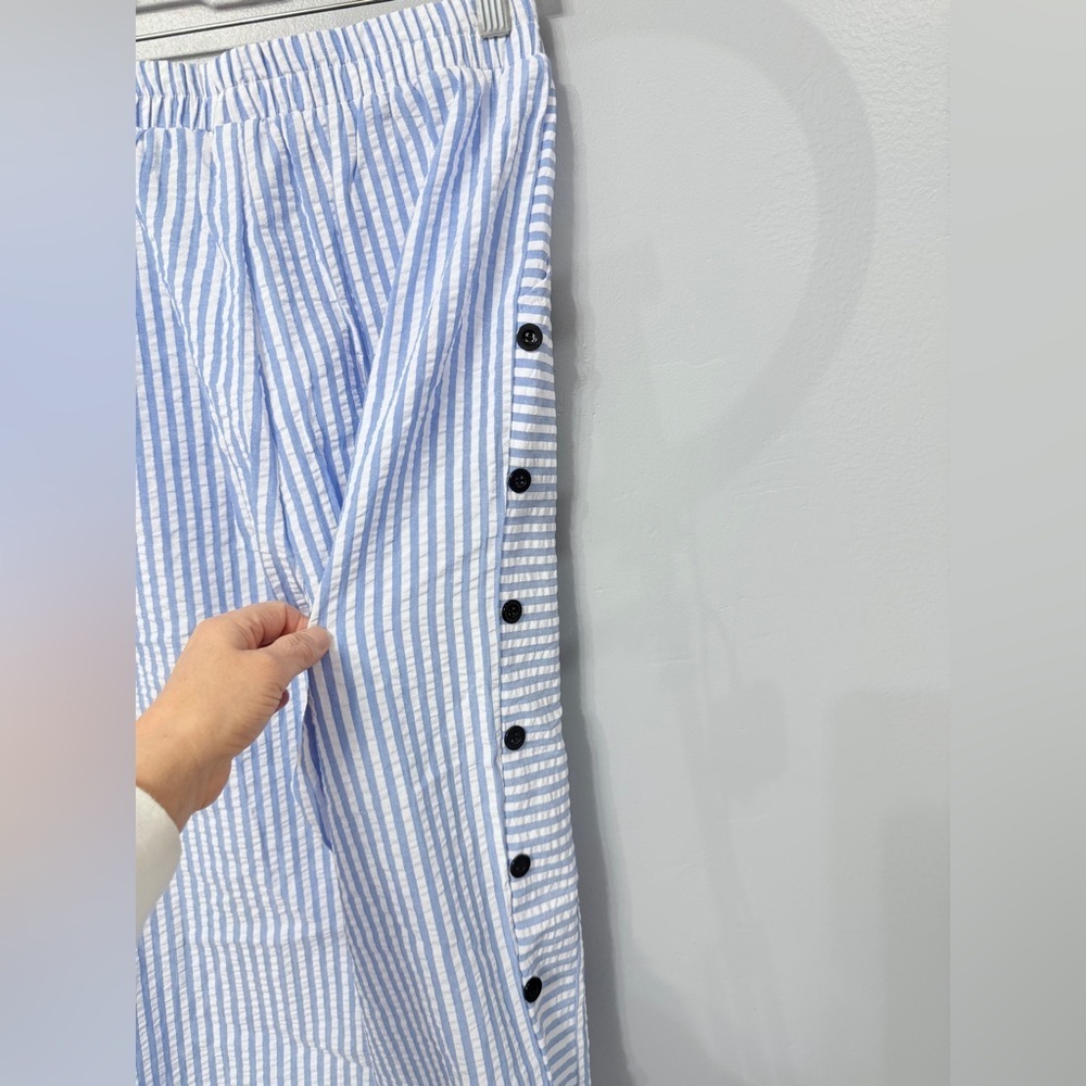 #12)  Striped Blue and White Pants with Button Accents - Picture 3 of 11